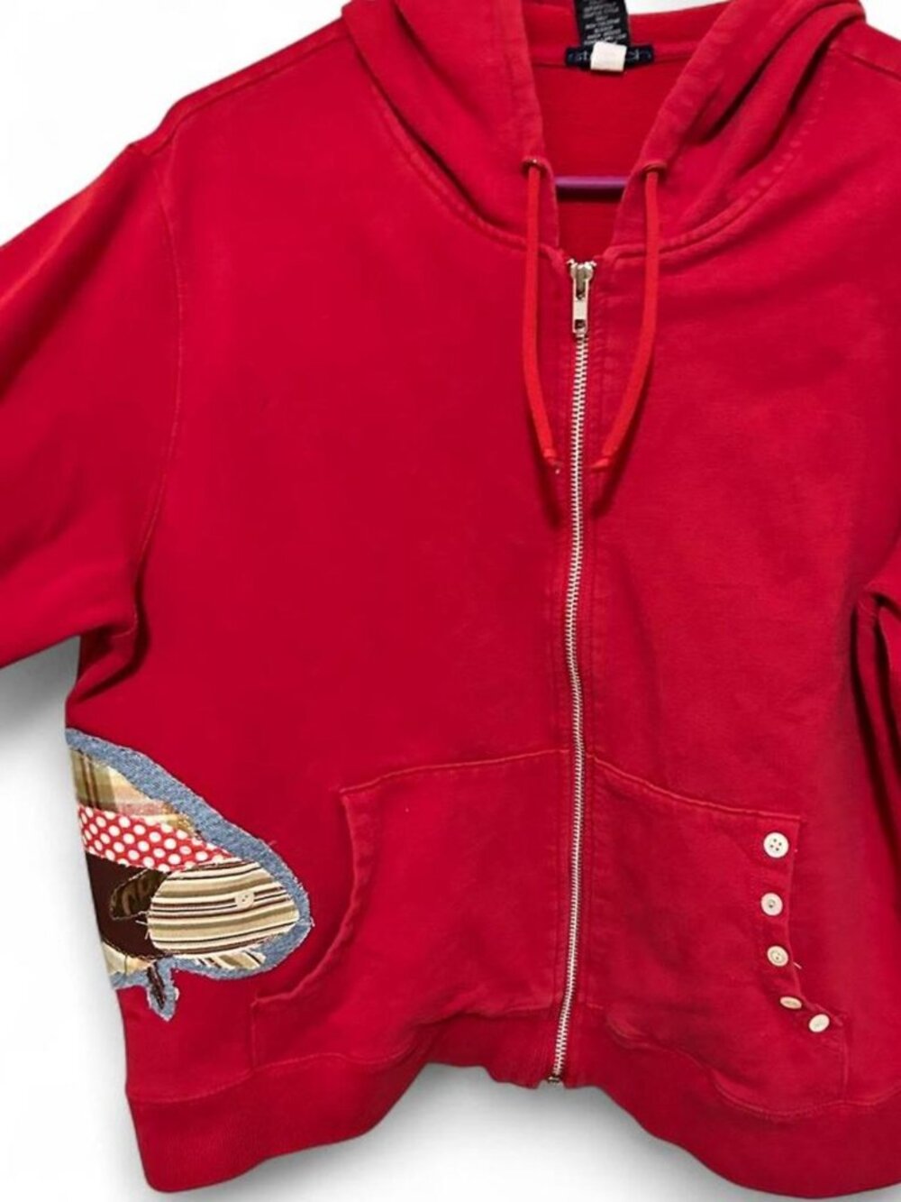 Vintage Red Zip Up Hoodie Patchwork Appliqué Y2K fish